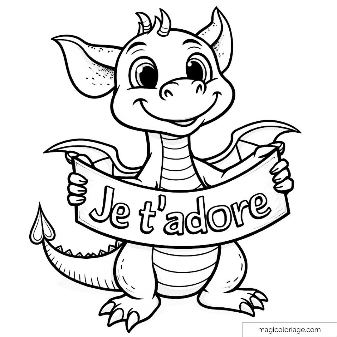 Dragon mignon tenant une pancarte avec "Je t'adore"