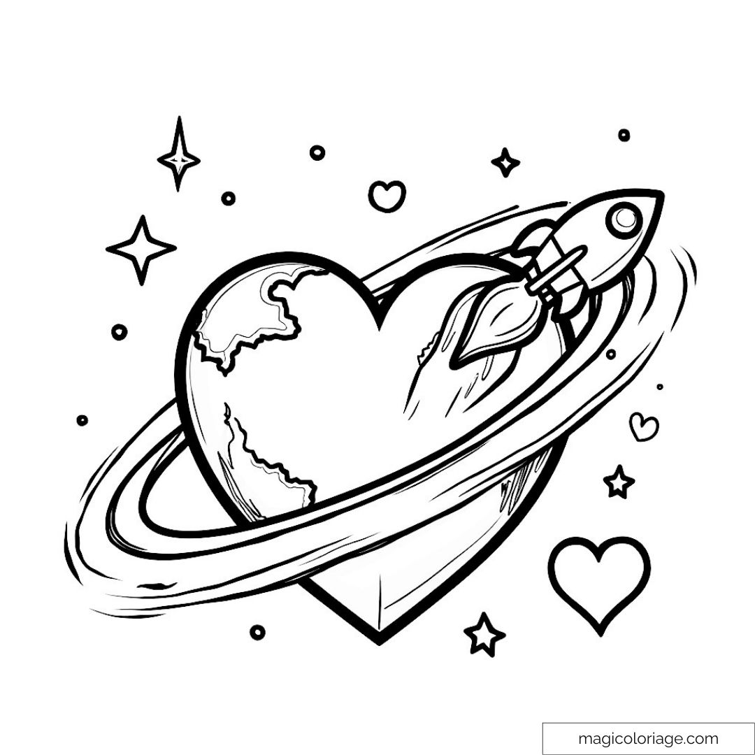 Dessin de fusée dans l'espace avec cœur planétaire