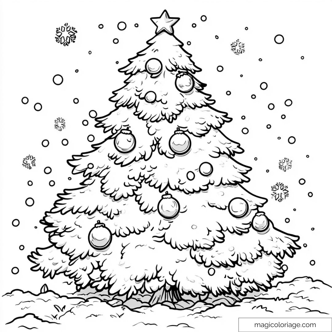 Dessin d'un sapin de Noël décoré avec flocons de neige