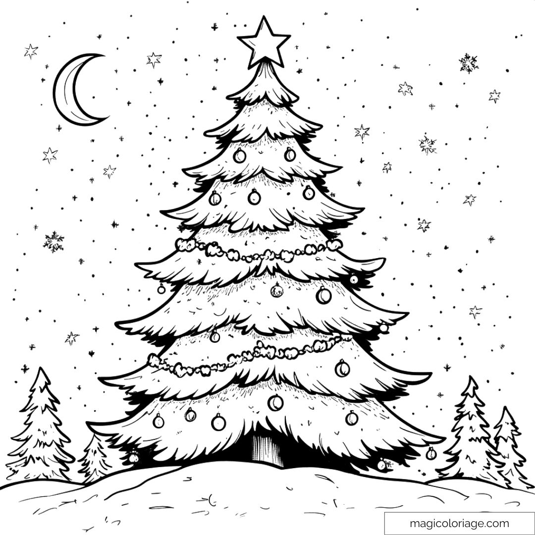 Sapin de Noël décoré sous un ciel étoilé avec lune et flocons.
