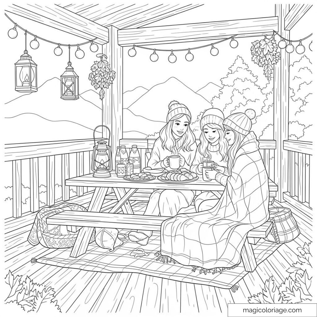 Scène paisible d'un groupe prenant le thé sur une terrasse montagneuse.