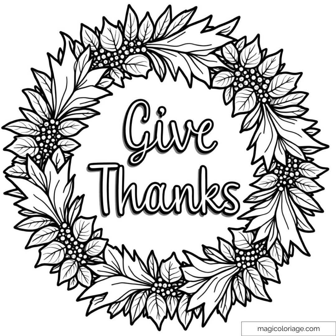 Couronne automnale avec message "Give Thanks" prêt à colorier