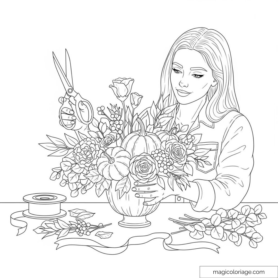 Femme créant un bouquet floral avec des ciseaux et des rubans