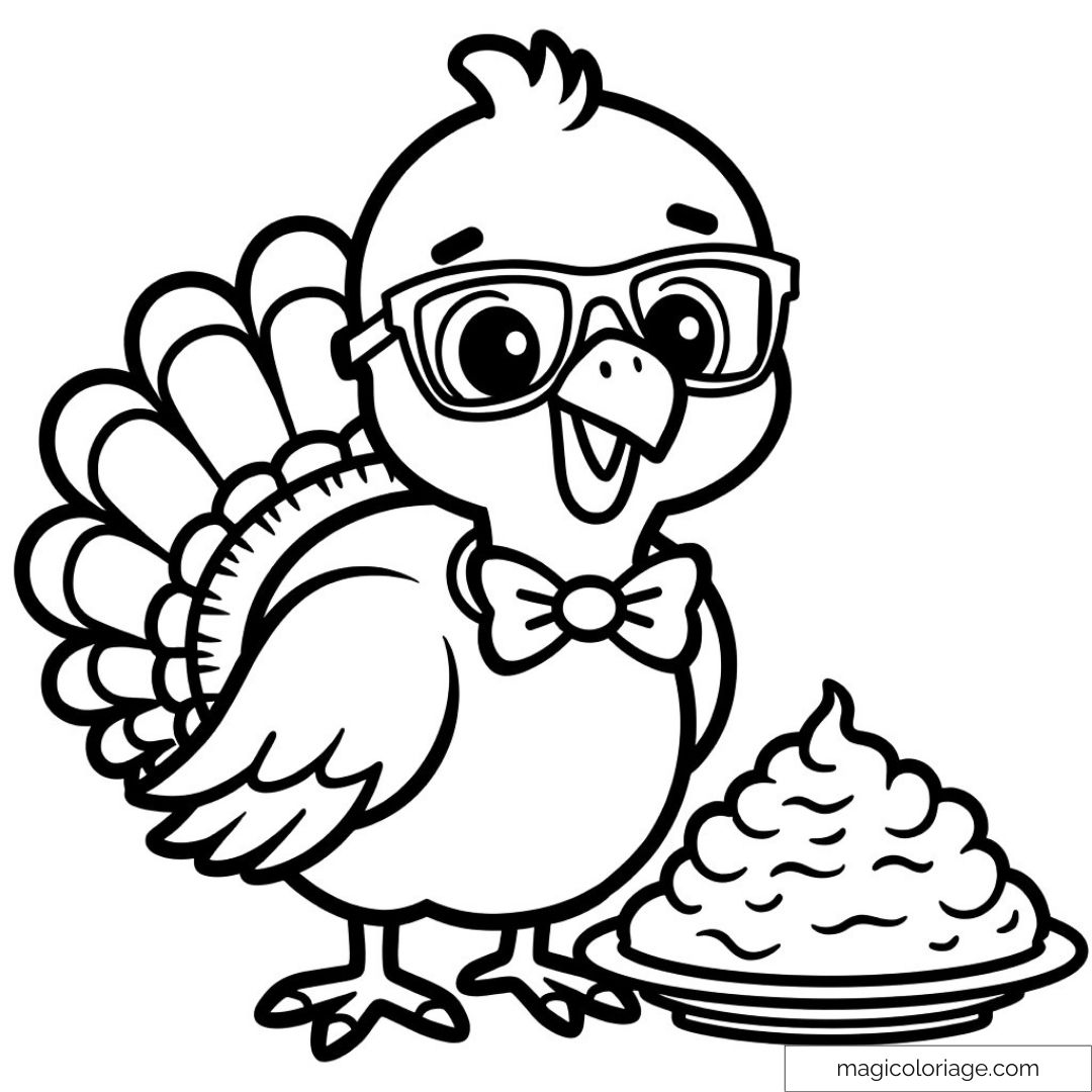 Coloriage de dinde mignonne avec lunettes et purée à colorier.