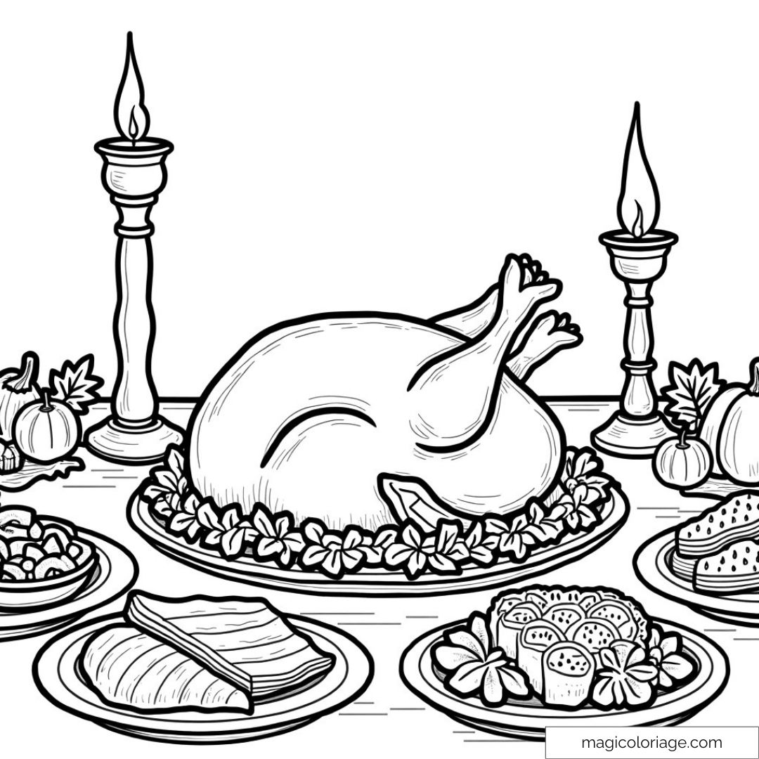 Dessin de table de fête avec dîner élaboré et chandeliers