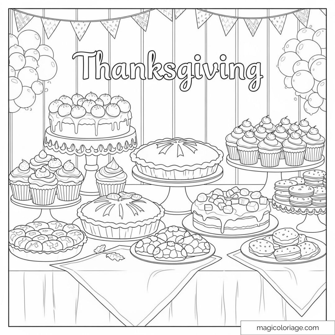Dessins de desserts de Thanksgiving à colorier avec gâteaux