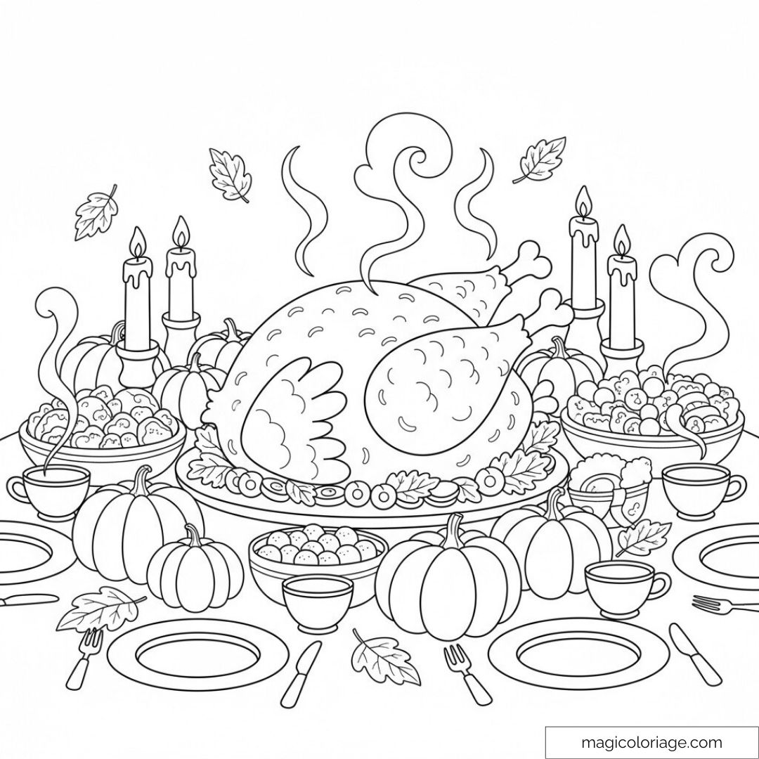 Dessin de dinde de Thanksgiving avec citrouilles et bougies pour colorier.