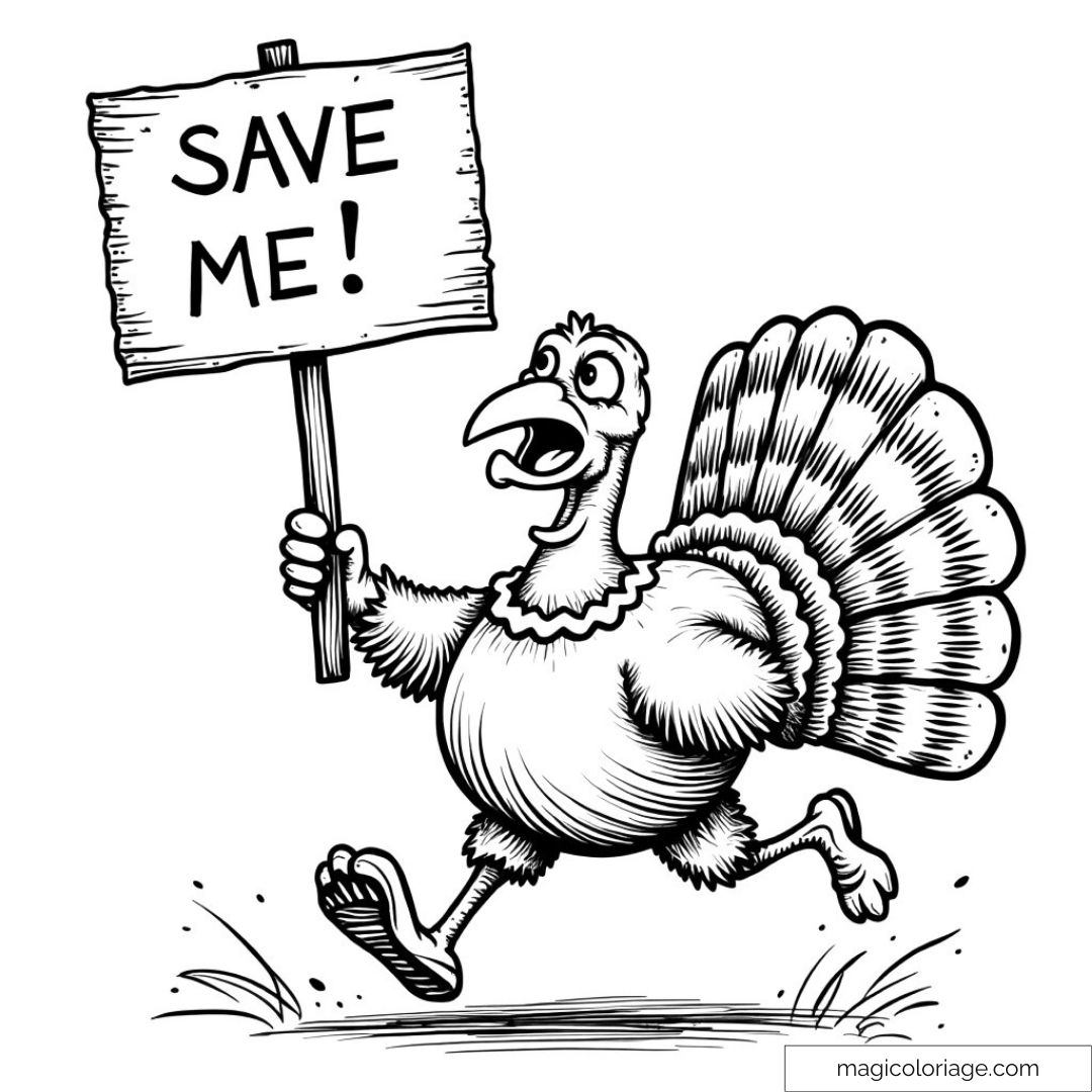 Dinde amusante avec pancarte "Save Me" à colorier pour enfants
