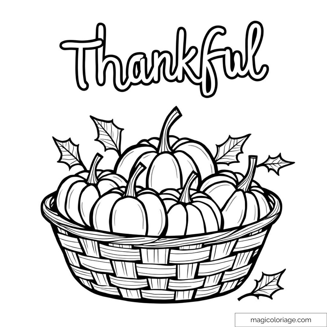 Dessin à colorier automne citrouilles feuilles avec texte Thankful.