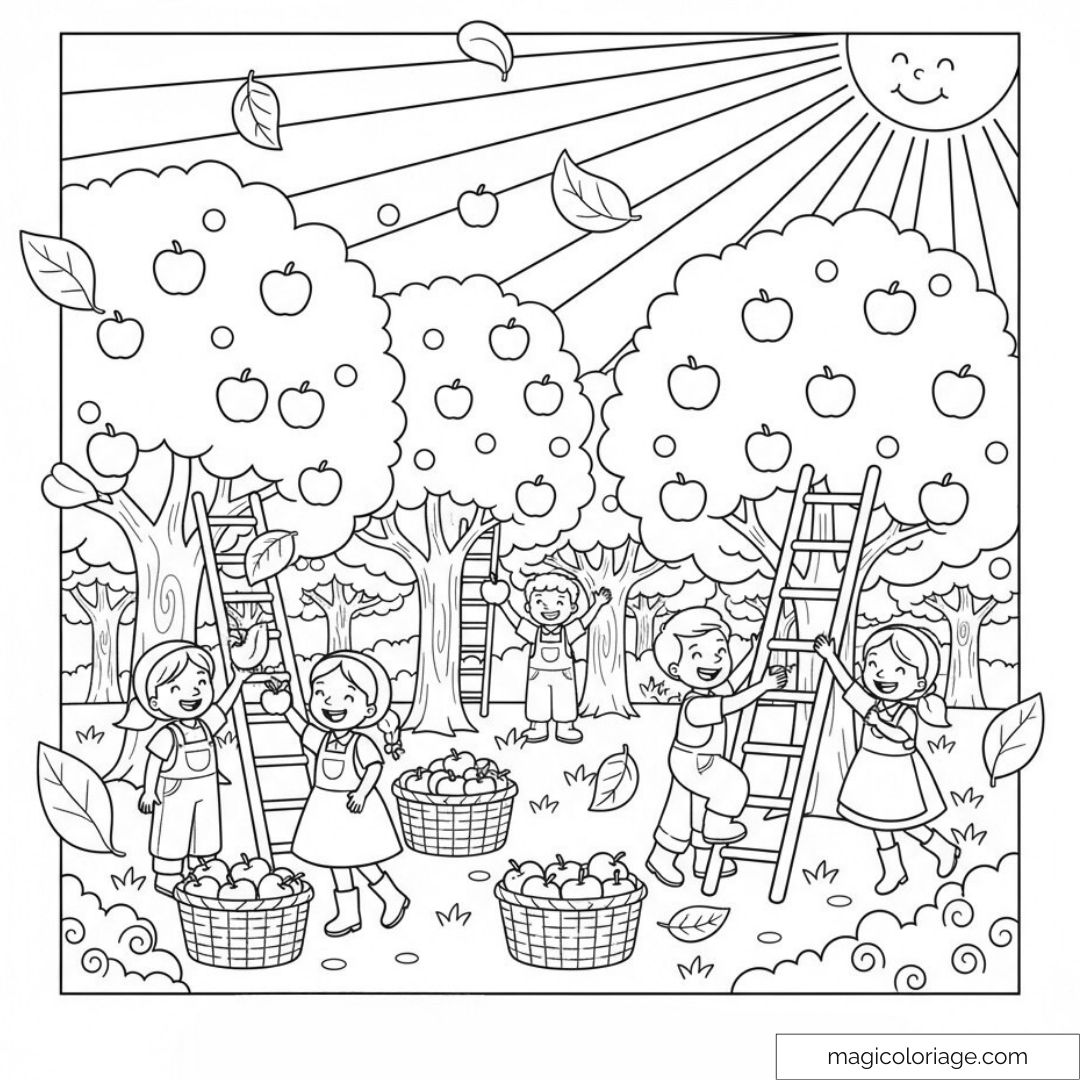 Enfants cueillant des pommes dans un verger sous un soleil souriant.
