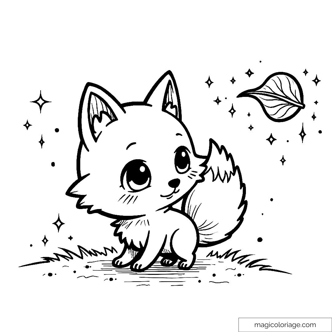 Dessin de renardeau mignon avec feuille qui vole