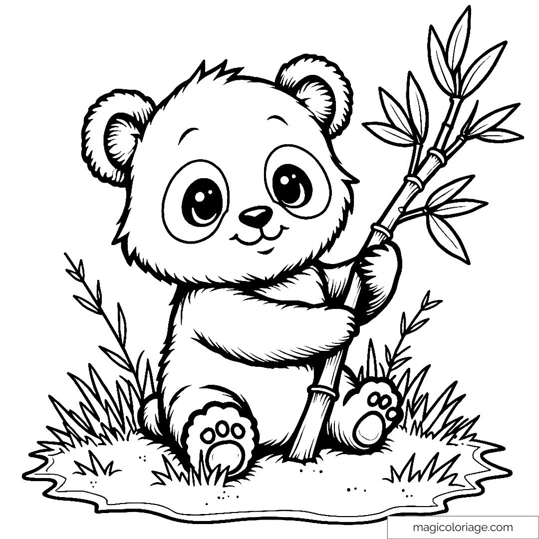Petit panda avec bambou sur l'herbe