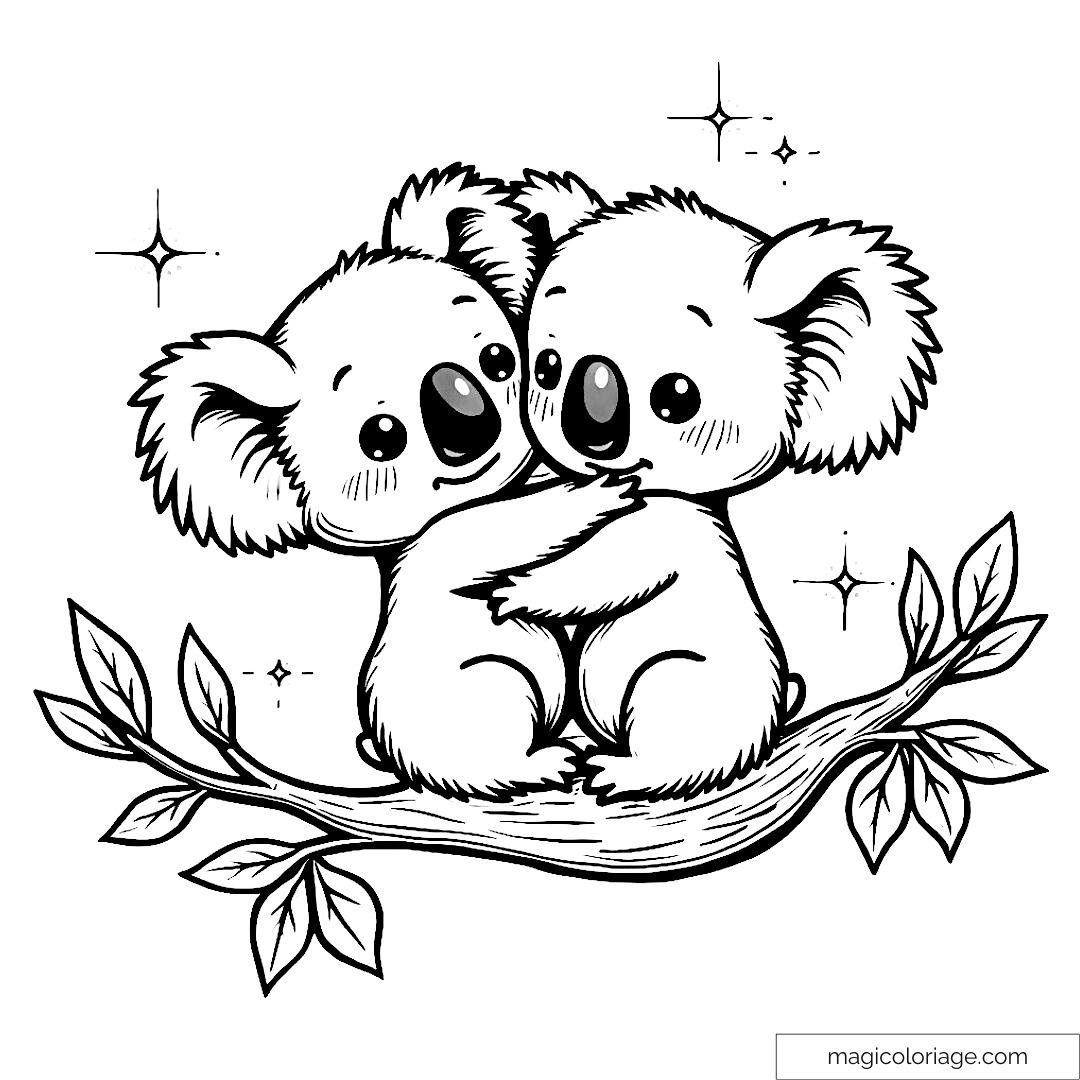 Koalas mignons se câlinant sur une branche avec étoiles scintillantes