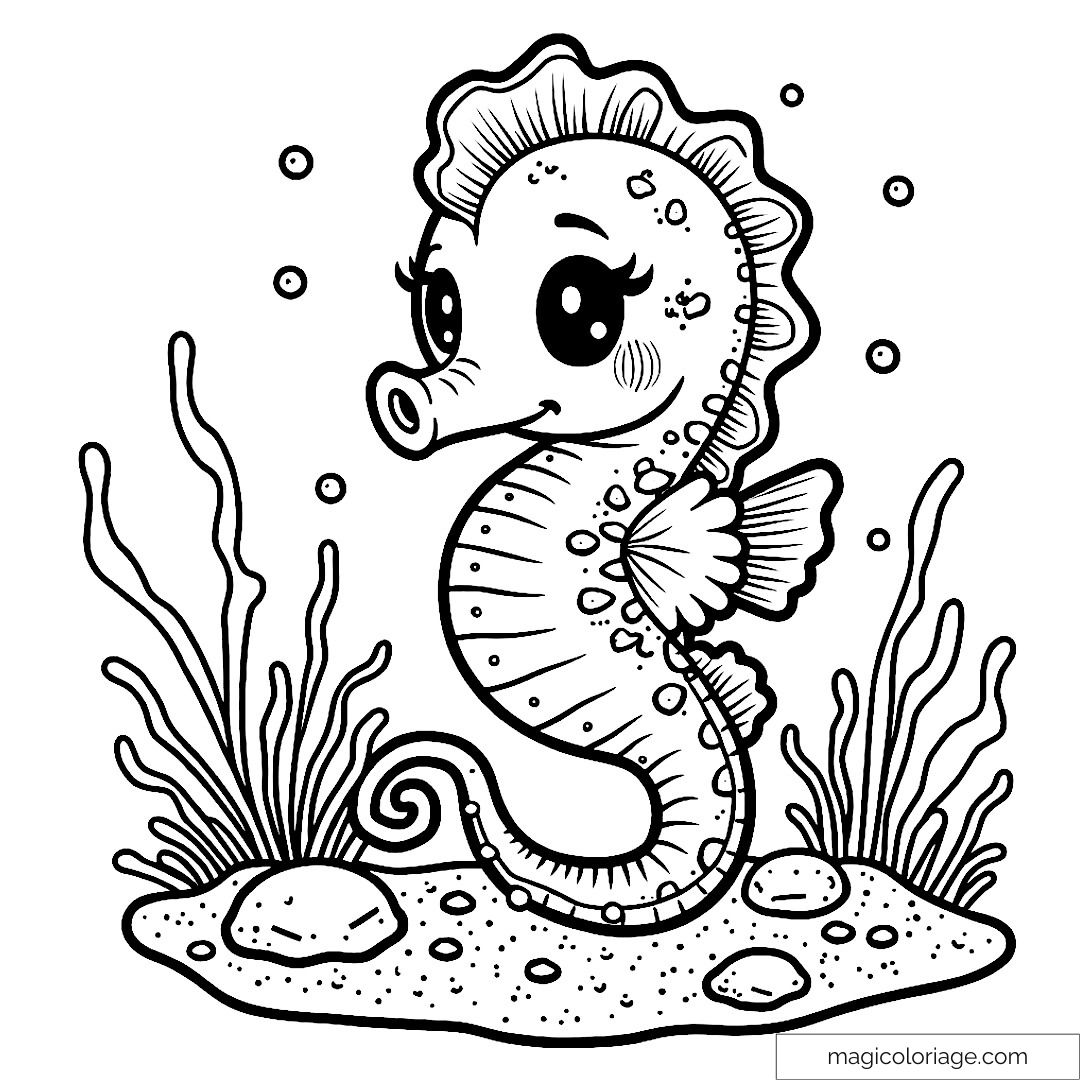 Hippocampe mignon à colorier avec bulles et algues.
