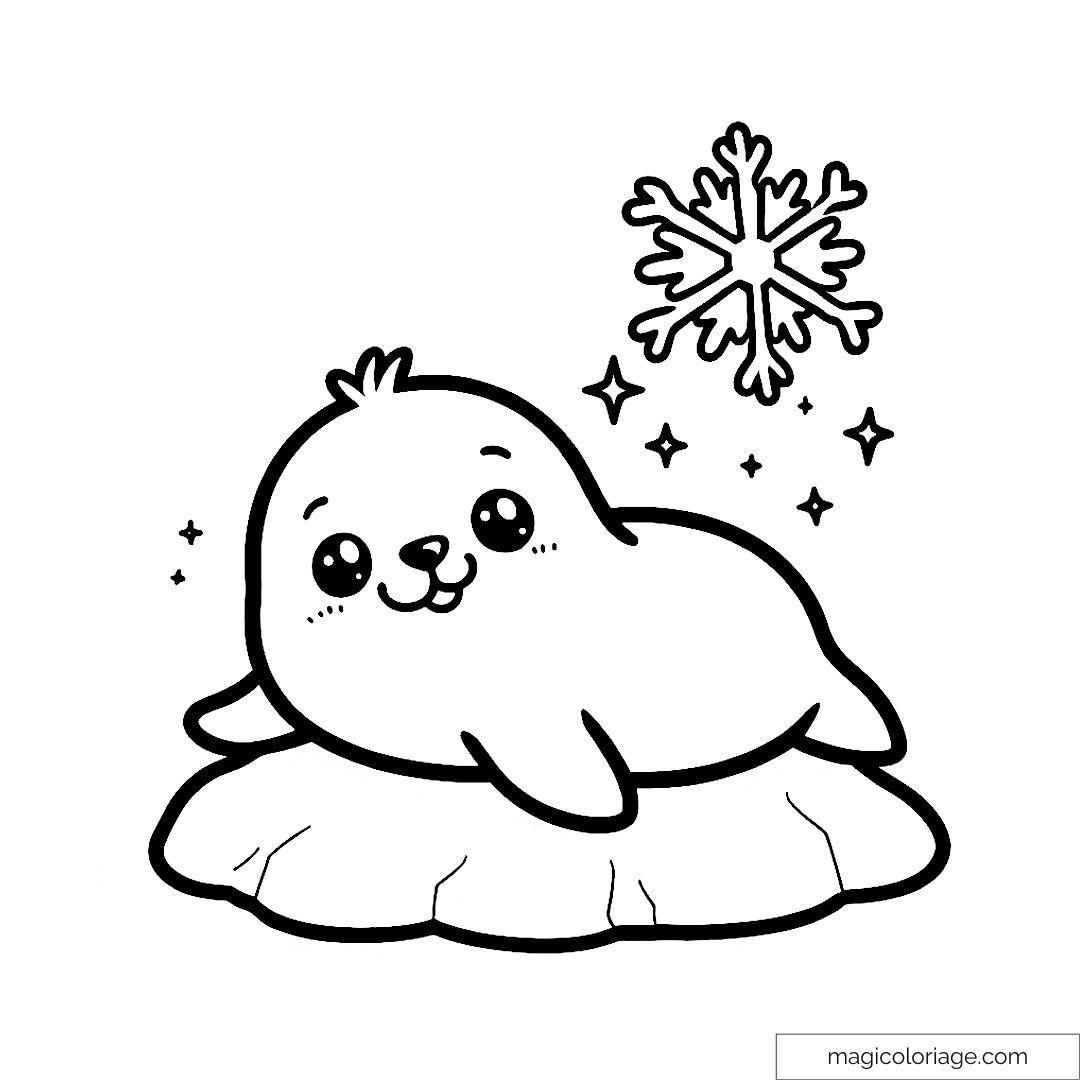Bébé phoque souriant sur glace avec flocon et étoiles à colorier