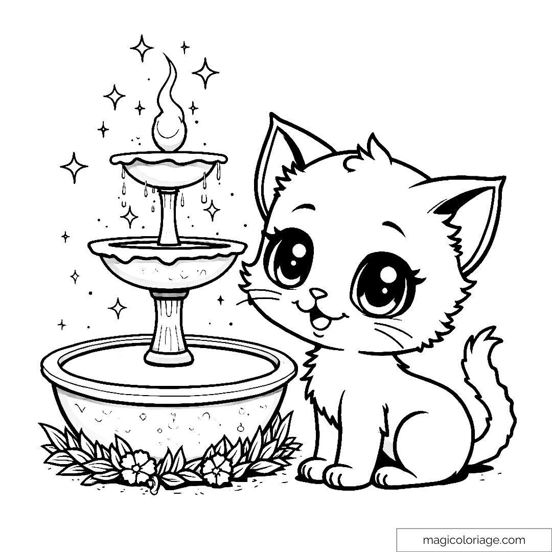 Chat mignon devant une fontaine scintillante