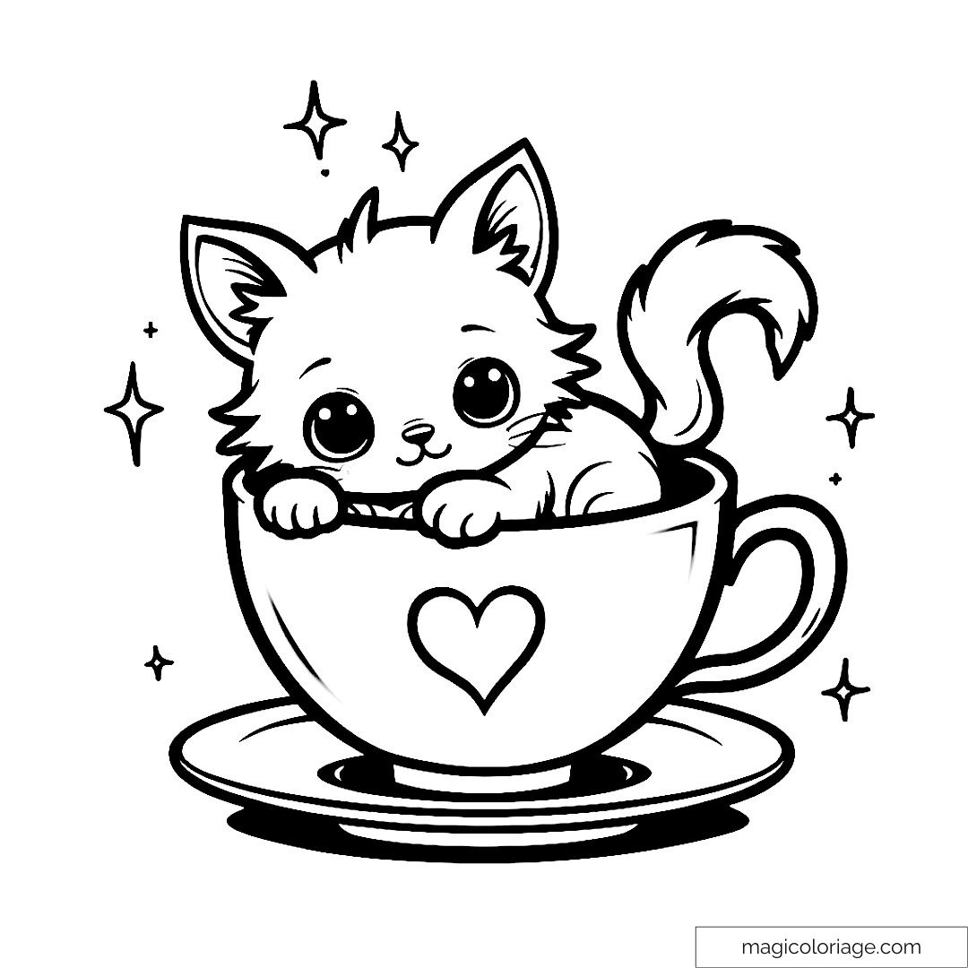 Chaton mignon dans une tasse à thé avec étoiles scintillantes.