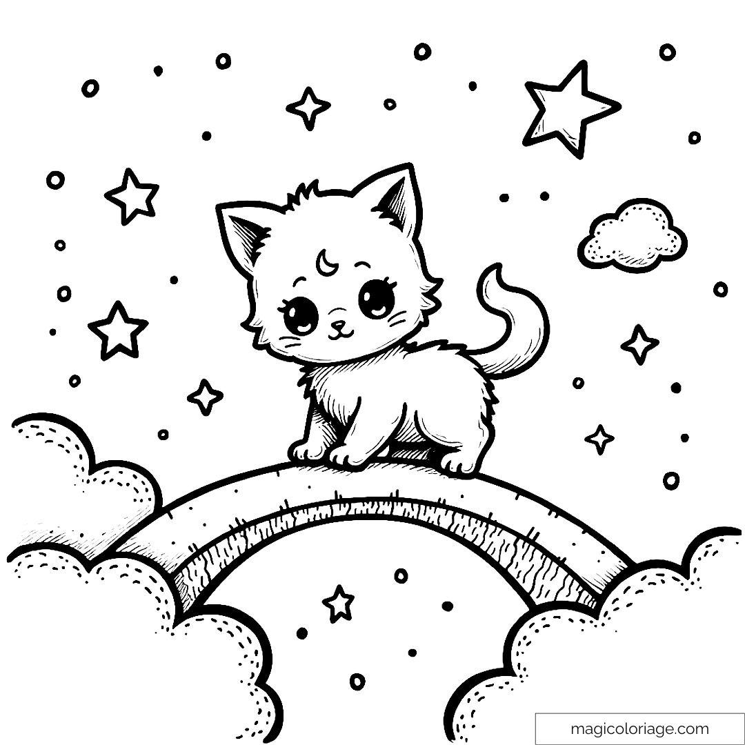 Dessin d'un chaton sur un arc-en-ciel avec étoiles