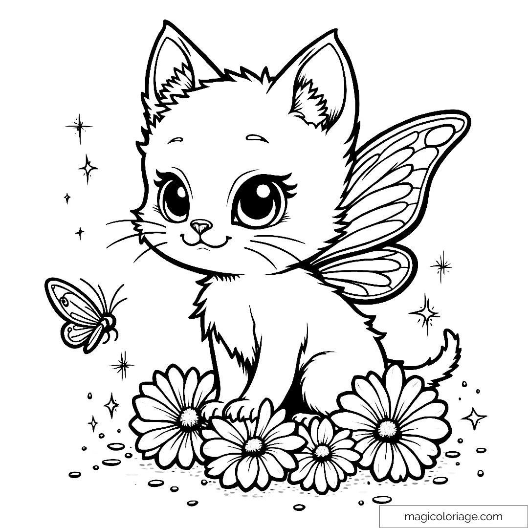 Chaton avec ailes de papillon sur fleurs