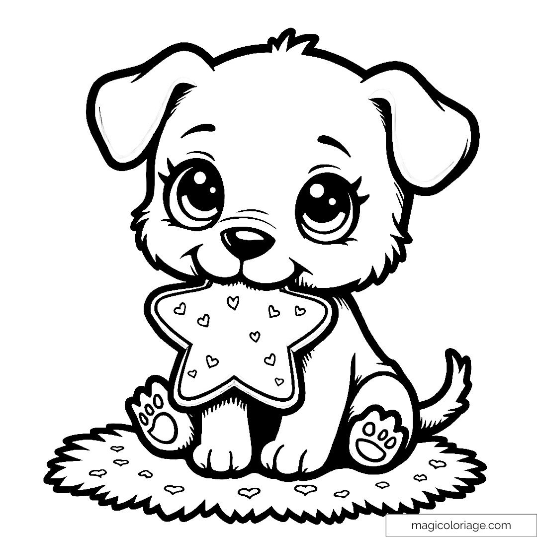 Image d'un chiot tenant un biscuit étoile à colorier.
