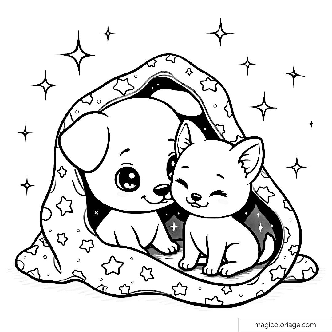 Coloriage de chiot et chaton sous une couverture étoilée