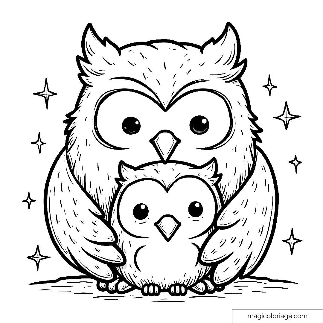 Dessin de deux chouettes mignonnes entourées d'étoiles