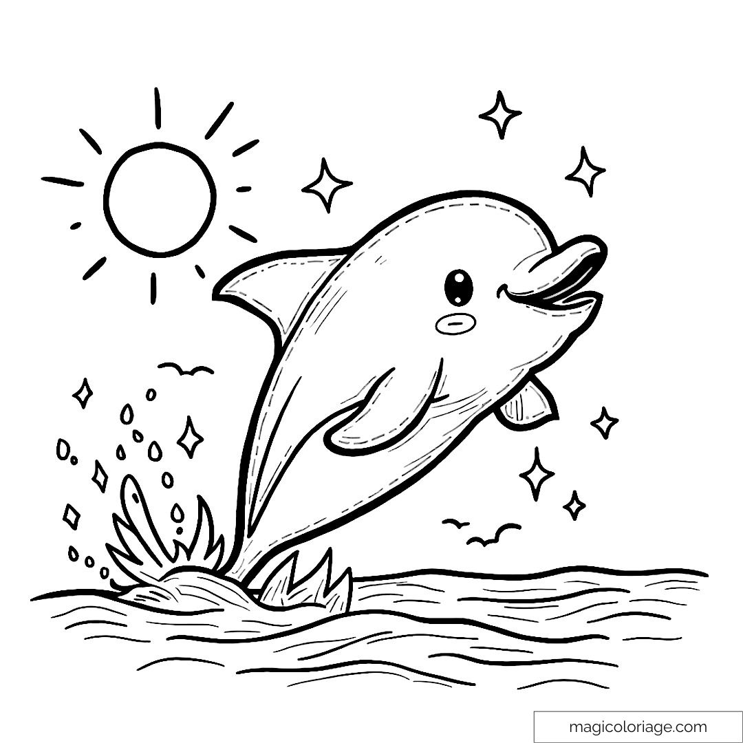 Dessin d'un dauphin sautant joyeusement dans les vagues sous le soleil éclatant.
