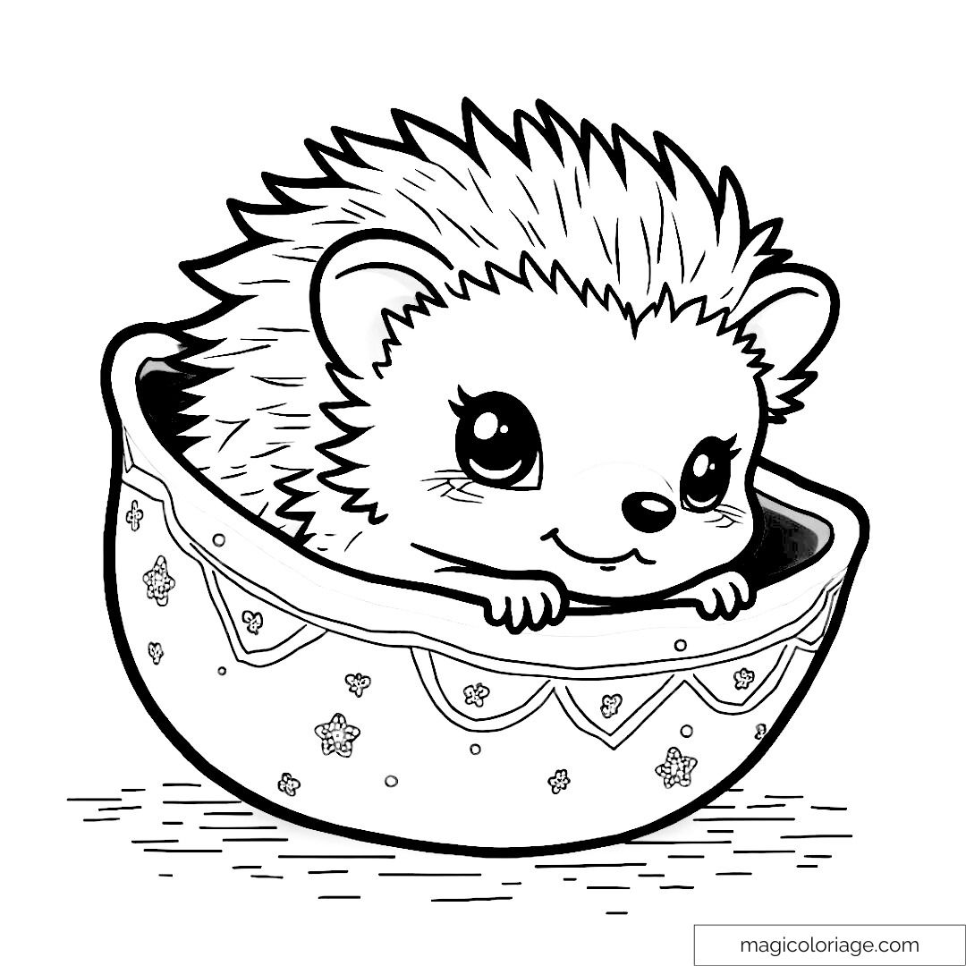Hérisson adorable dans un bol décoratif à colorier