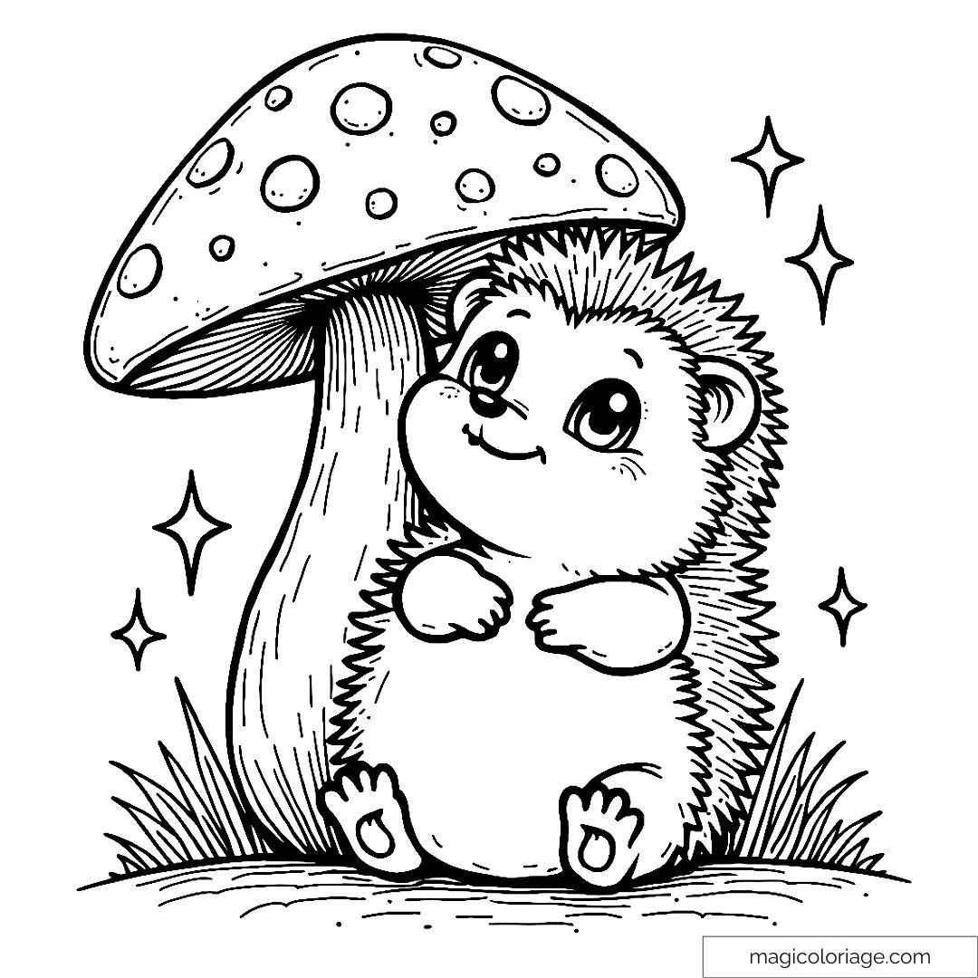 Dessin de hérisson mignon sous un grand champignon avec étoiles.