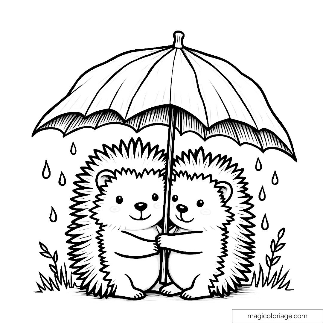 Deux hérissons sous un parapluie avec des gouttes de pluie