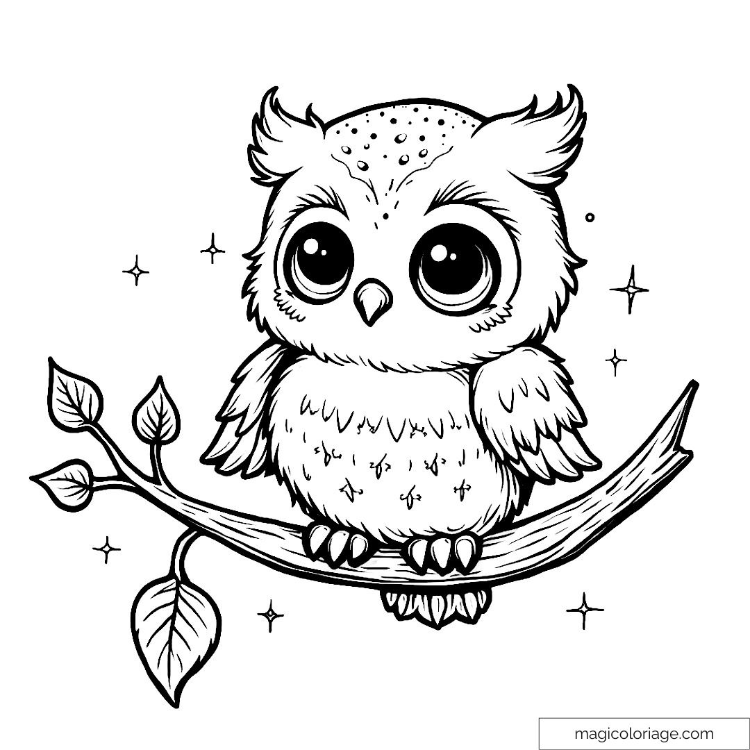 Dessin d'un hibou mignon sur une branche avec étoiles scintillantes.