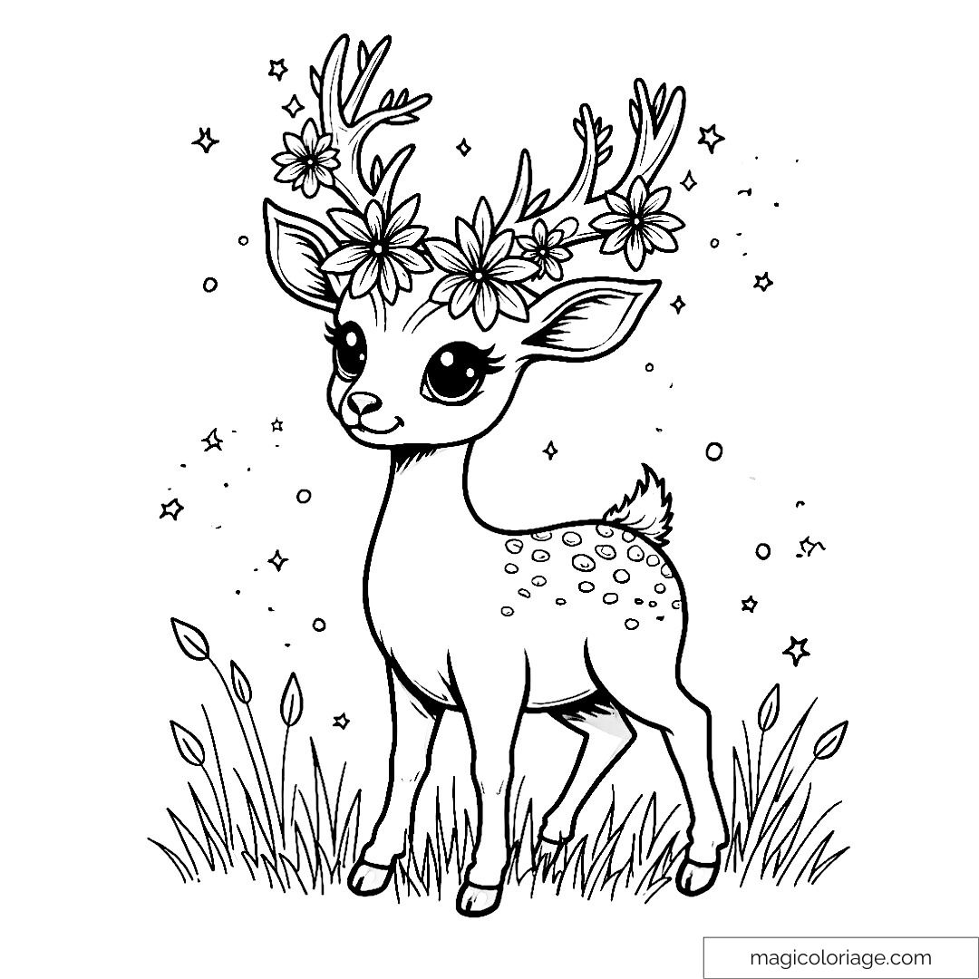Faon mignon avec fleurs sur les bois