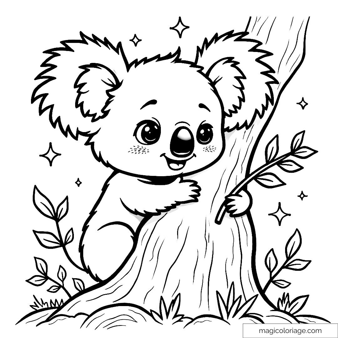 Dessin de koala mignon accroché à un arbre avec des étoiles autour