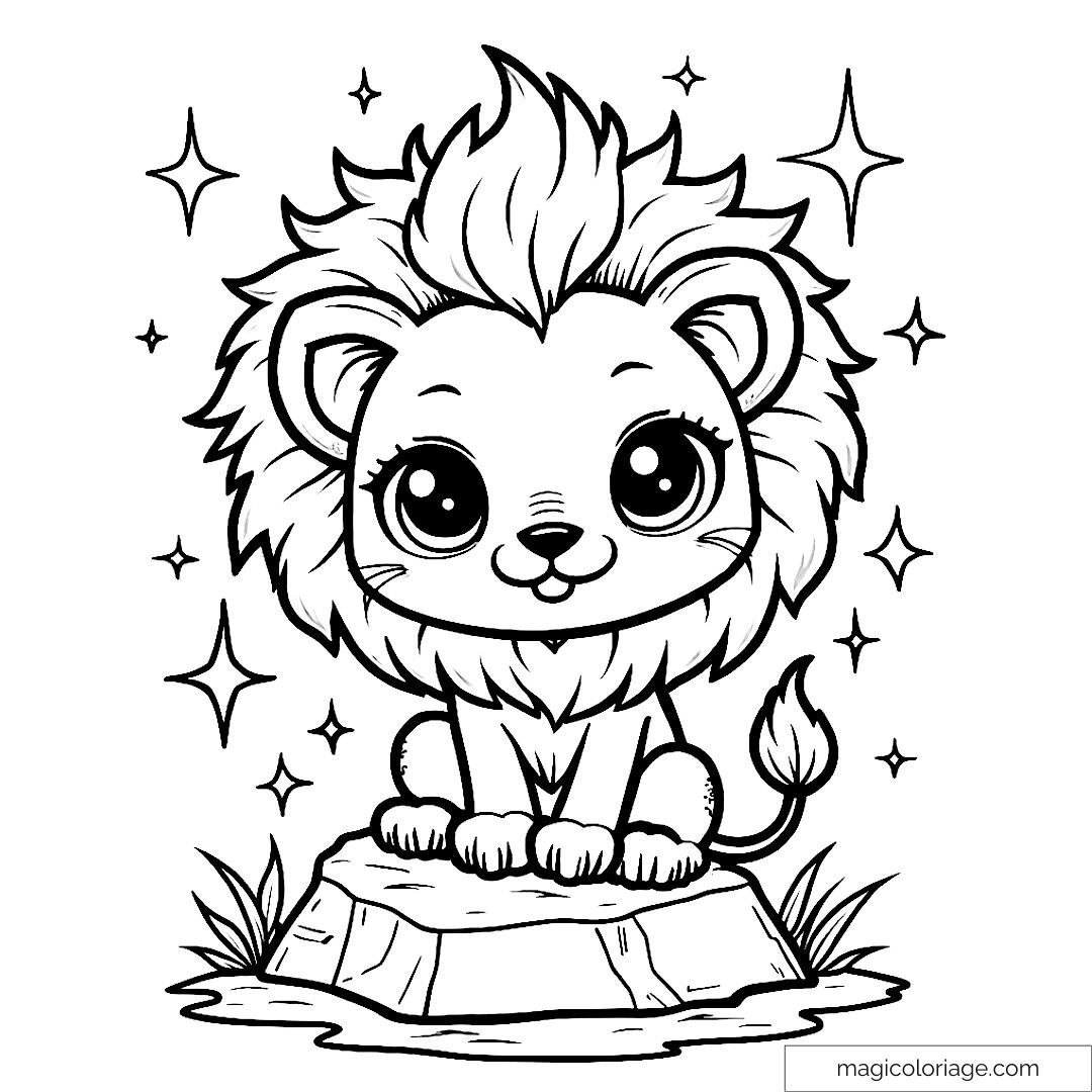 Dessin de lionceau mignon sur un rocher avec étoiles autour