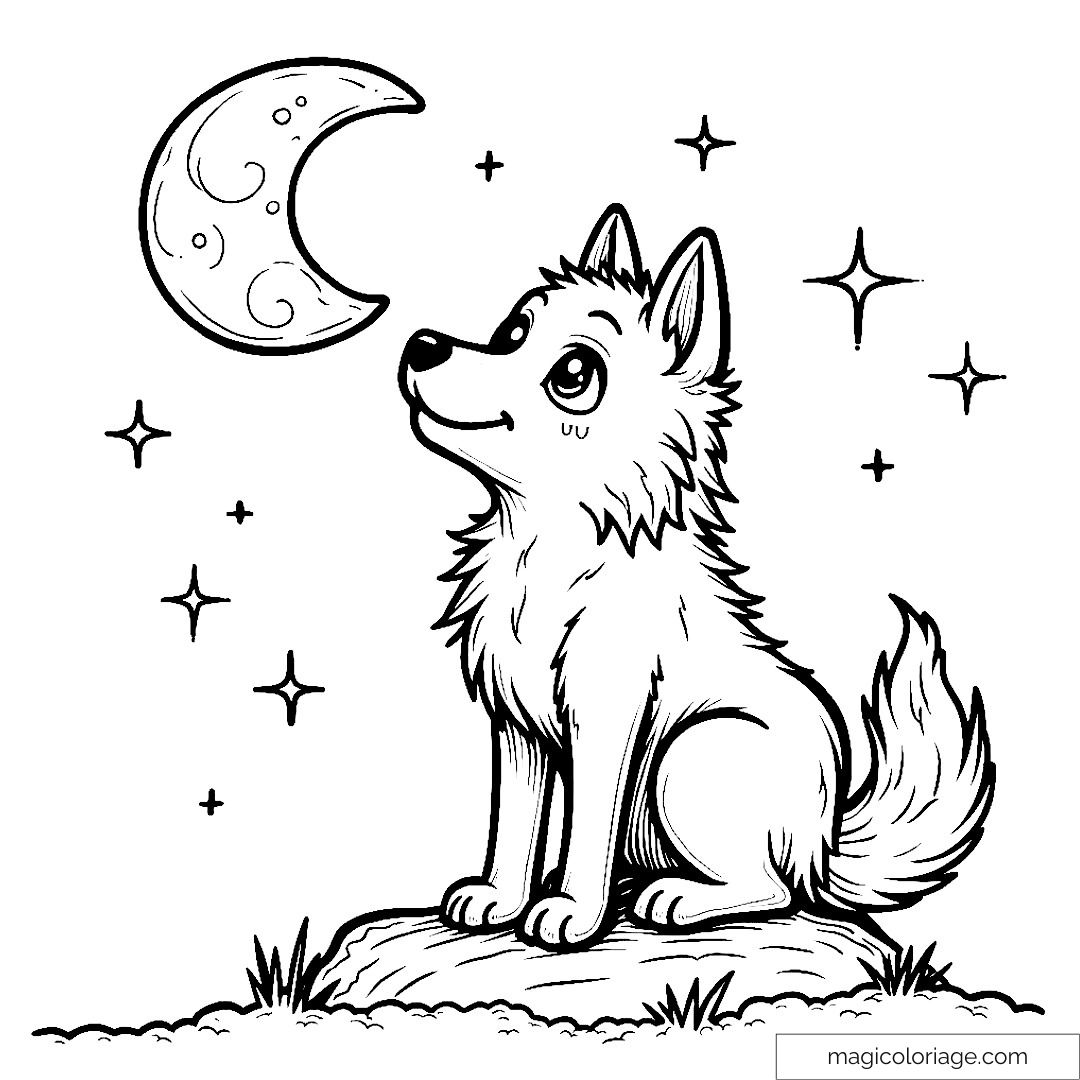 Loup assis sur une colline sous une lune étoilée.