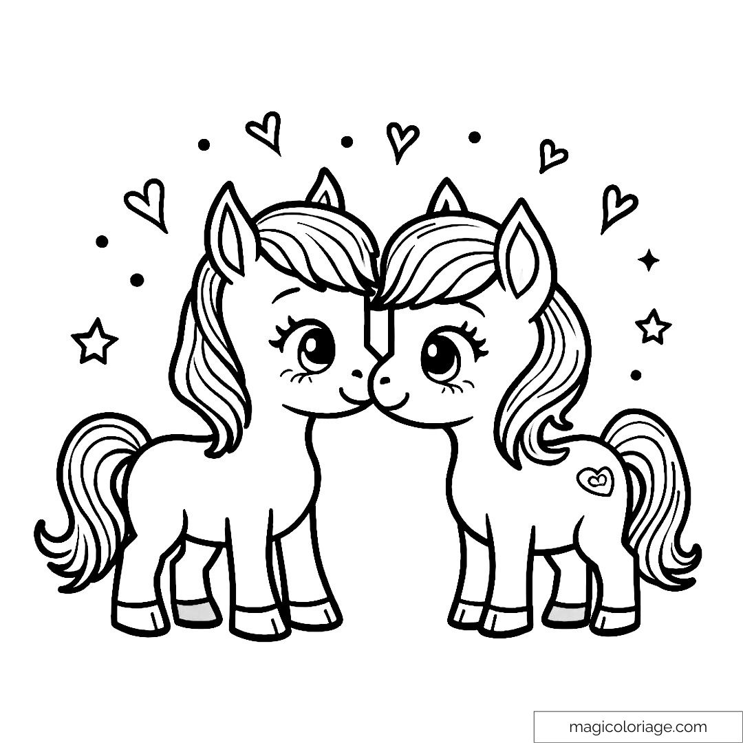 Deux poneys amoureux entourés de cœurs et d’étoiles