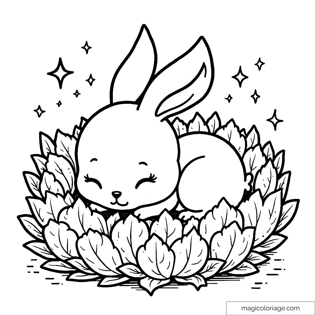 Dessin de lapin mignon endormi entouré de feuilles et d'étoiles à colorier