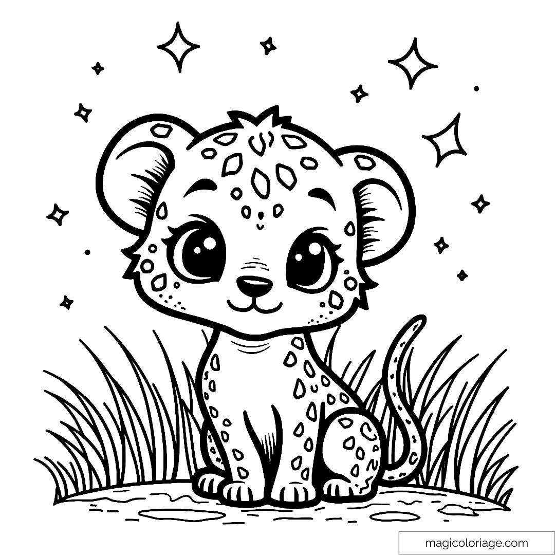 Image d'un léopard bébé mignon assis dans l'herbe avec des étoiles autour.