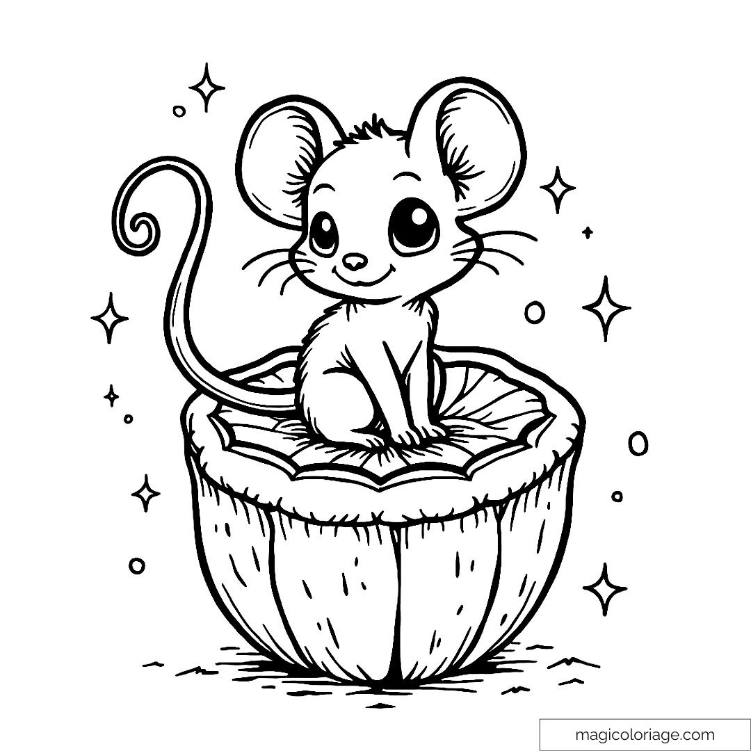 Dessin de souris mignonne sur une tranche d’orange avec étoiles.