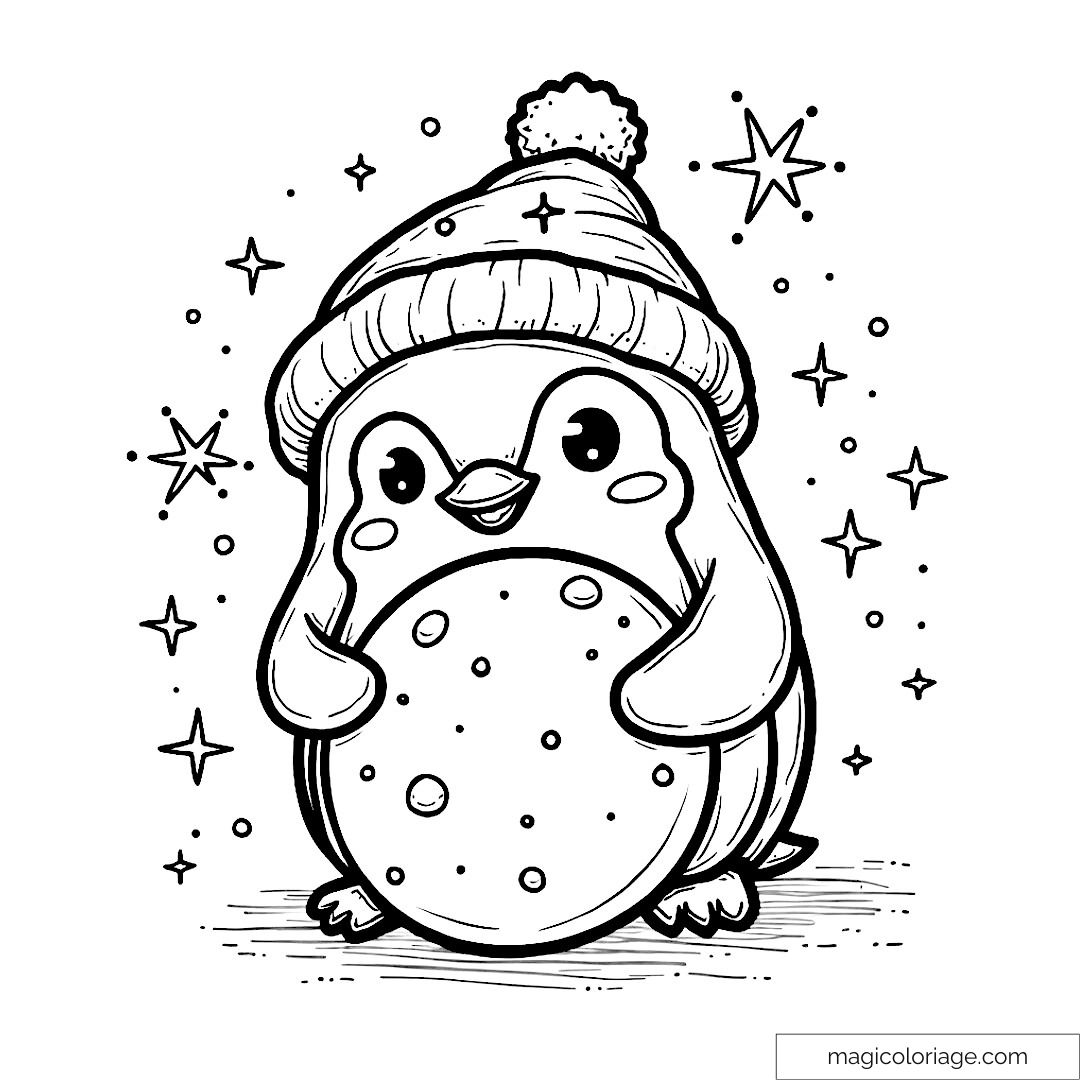 Pingouin mignon avec bonnet et étoiles à colorier