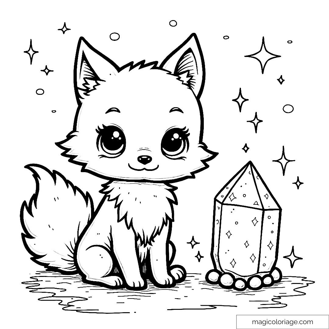 Dessin renard mignon avec cristal et étoiles