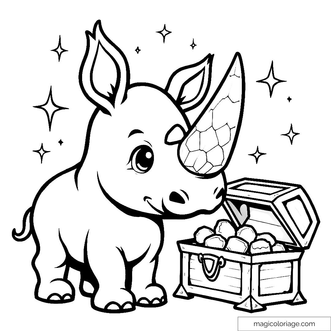 Rhinocéros mignon avec trésor scintillant à colorier