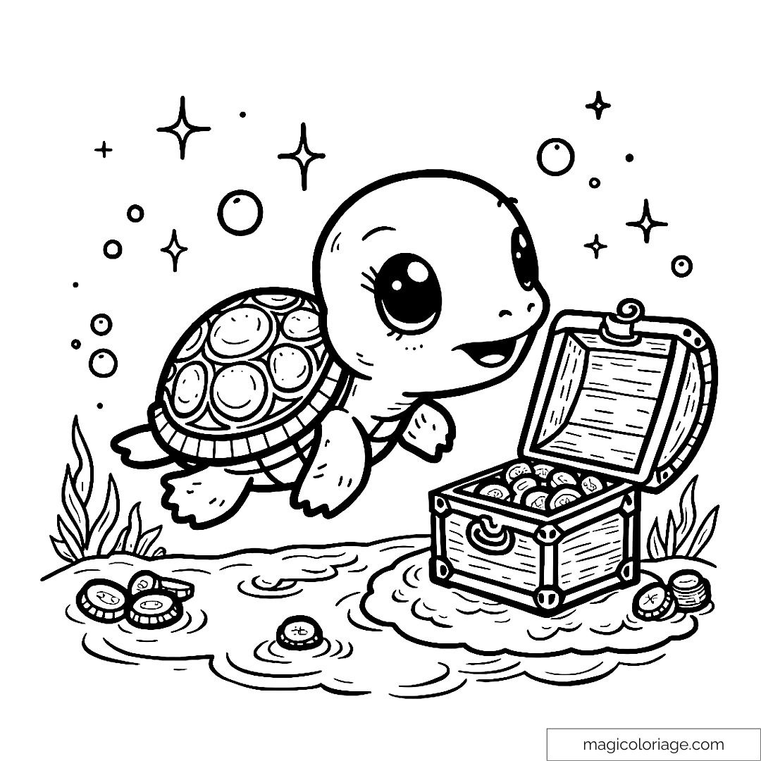 Coloriage de tortue avec coffre au trésor sous l'océan