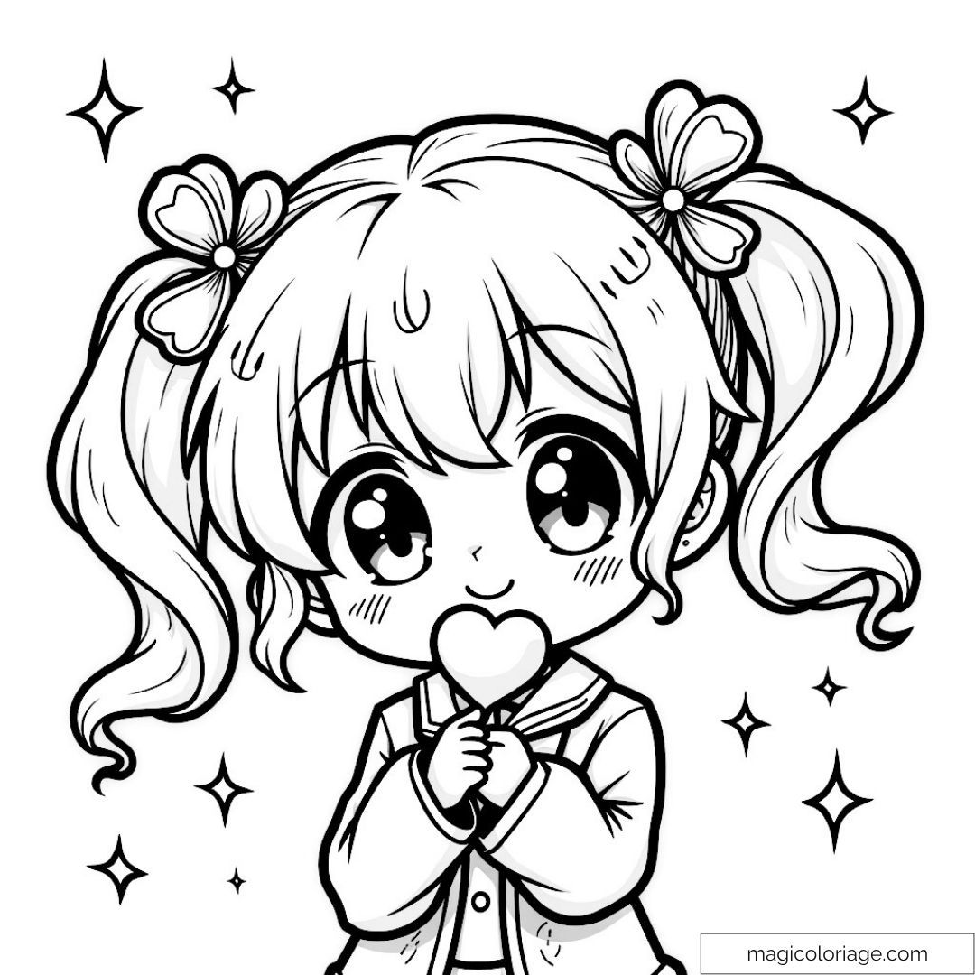 Fille manga mignonne tenant un cœur entourée d'étoiles.