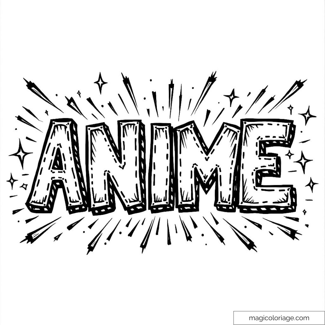 Coloriage du mot "Anime" en lettres avec effets explosion.