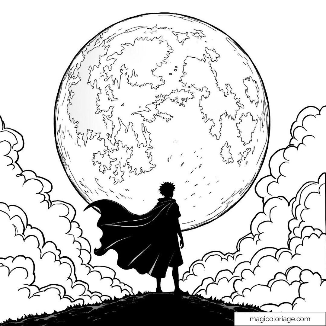 Héros face à une grande lune et des nuages. Coloriage dynamique et inspirant.