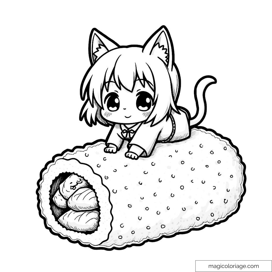 Chibi chat kawaii sur un maki sushi avec détails mignons.
