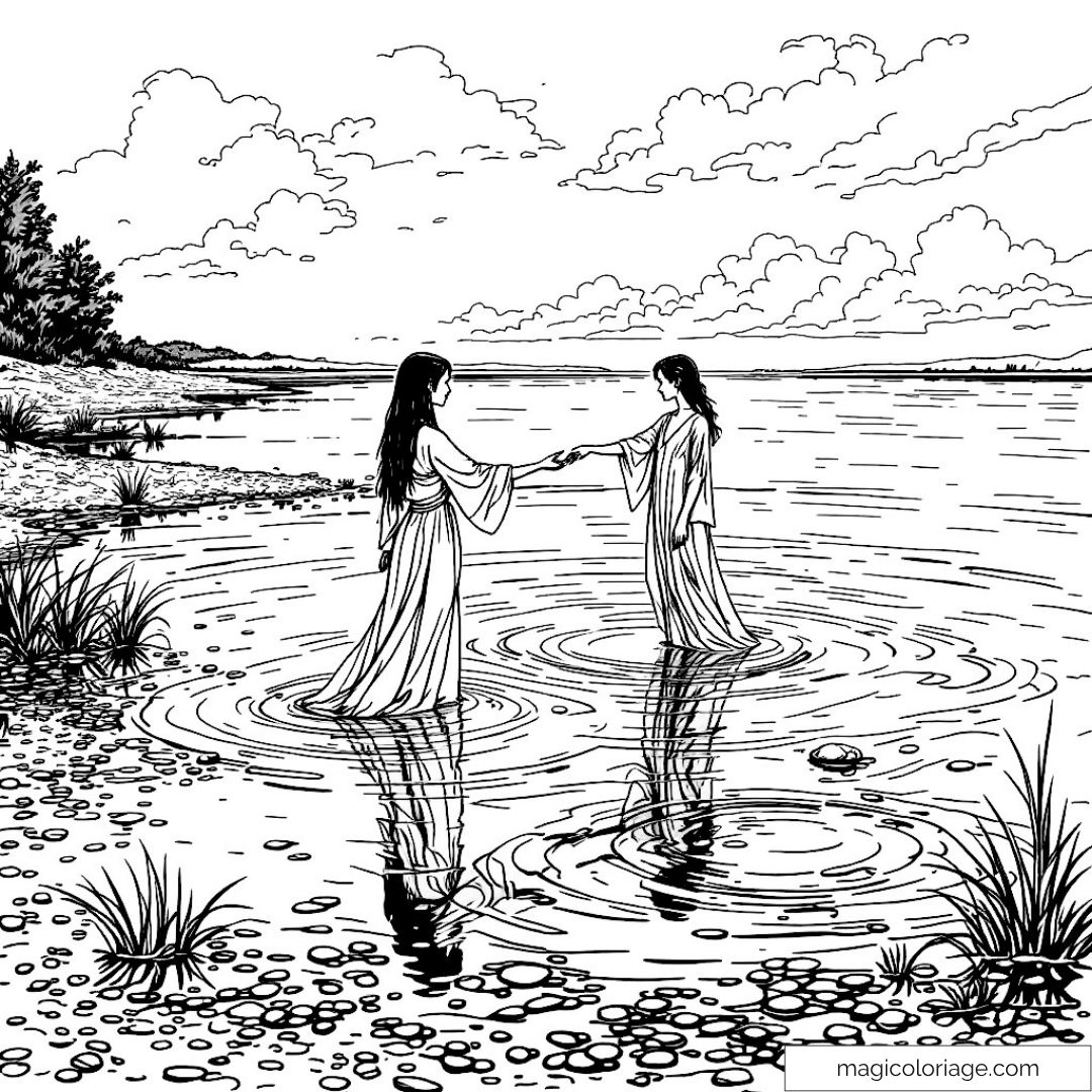 Scène de deux femmes dans un lac tranquille