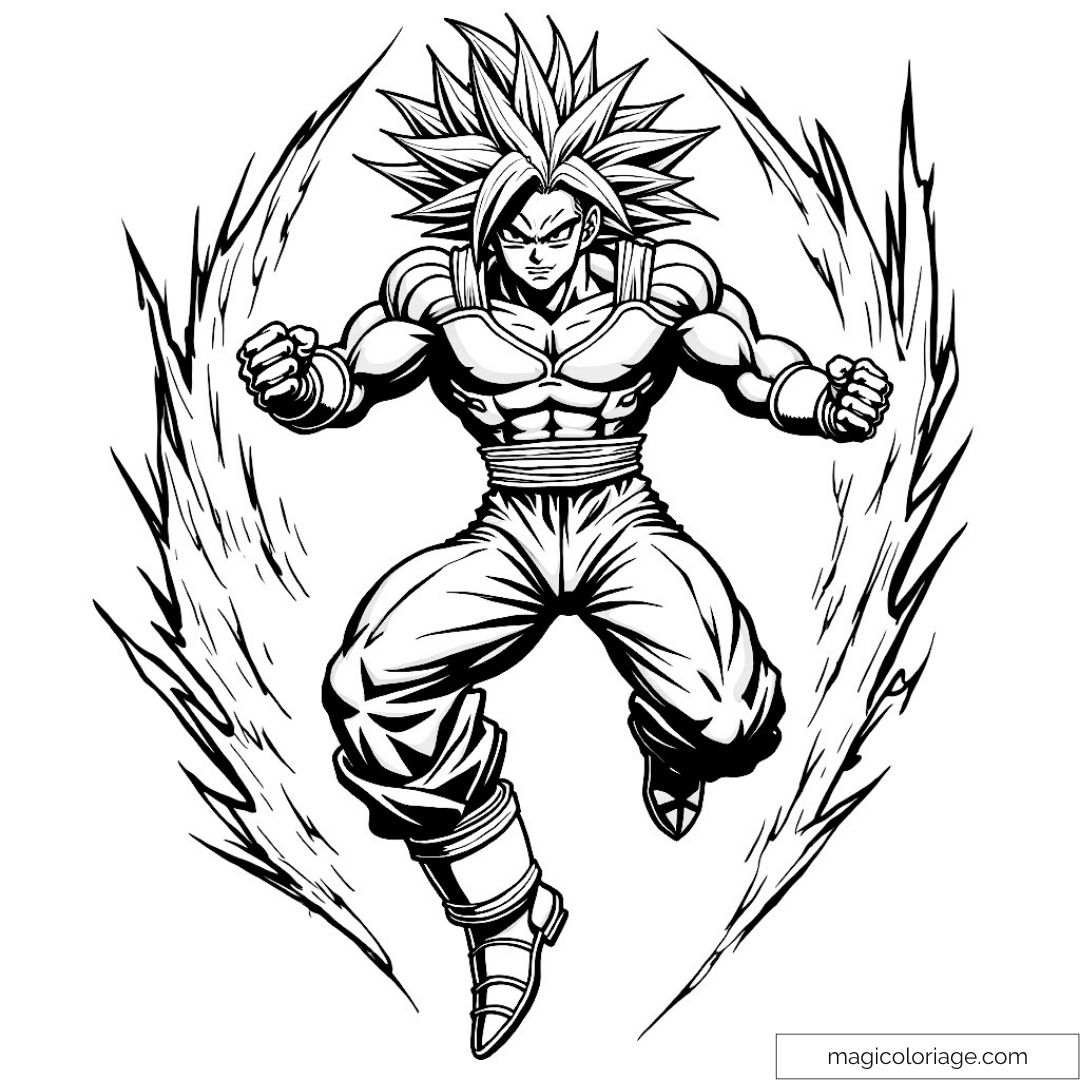 Personnage de Dragon Ball entouré d'effets énergétiques impressionnants.