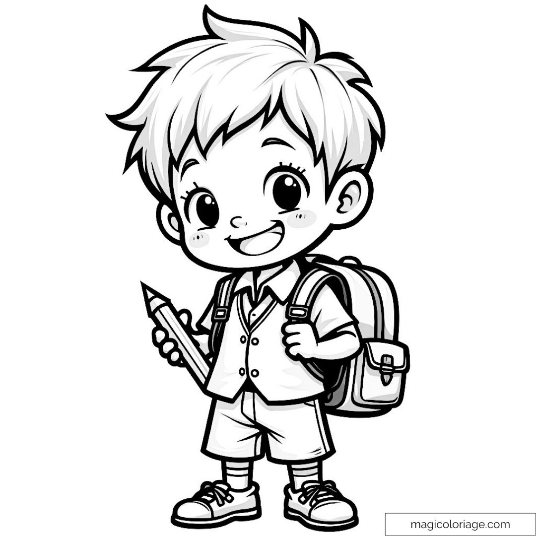 Écolier avec crayon et sac à dos à colorier